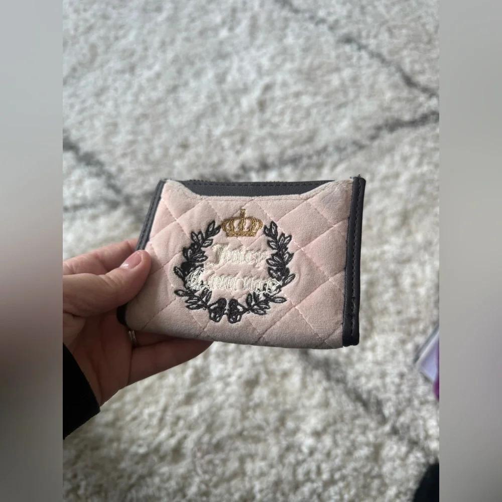 Y2K Juicy Couture Pink Brown Double Zip Wallet Embroidered Gold Pendant Girly